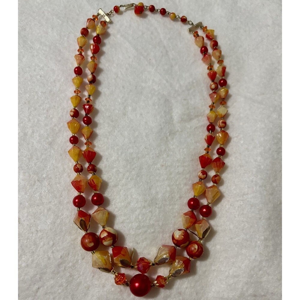 Vintage Hong Kong Double Strand Lucite Fruit Salad Bead Necklace 24” MCM